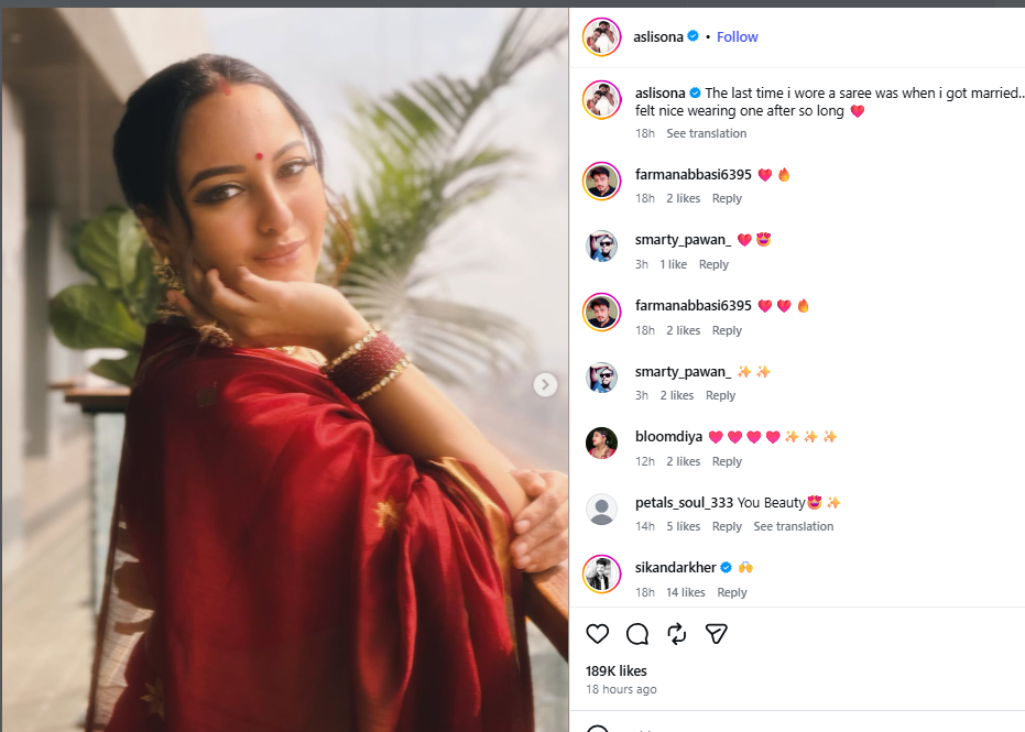 देसी क्वीन बनीं Sonakshi Sinha, रेड सिल्क साड़ी में दिखा रॉयल चार्म