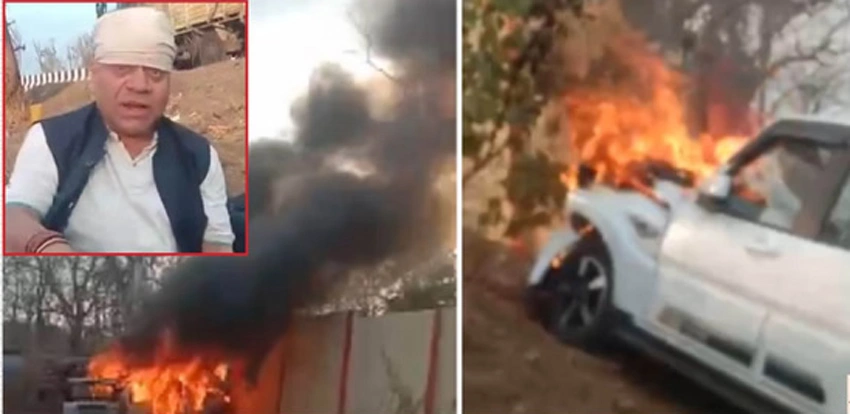 कांग्रेस विधायक की कार में लगी आग, टली बड़ी अनहोनी,  चालक और गनमैन घायल, अनियंत्रित होकर दीवार से टकराई कार